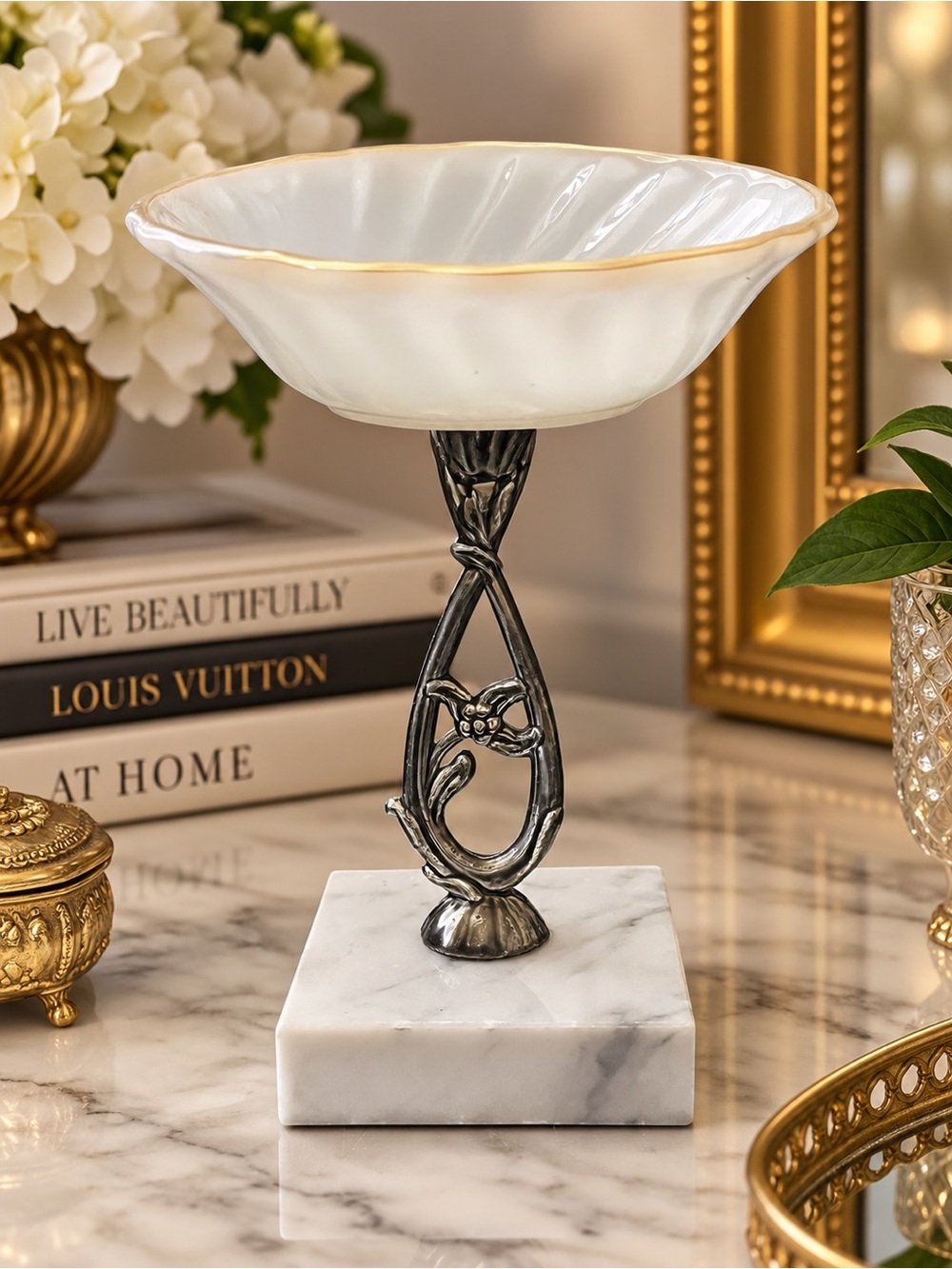 Vintage Italian Milk Glass Compote Marble Base Hollywood Regency